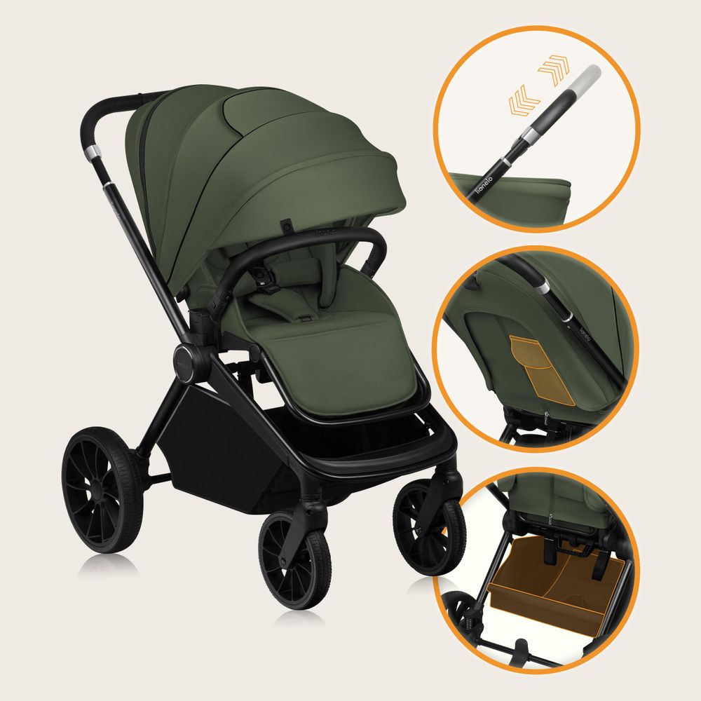 Lionelo Mika Plus Universal-Buggy bis zu 22kg Hohe Manövrierfähigkeit XXL-Verdeck mit UPF50+ Grüne Olive