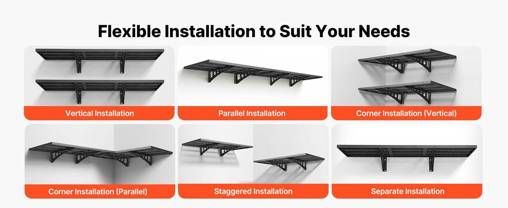 VEVOR 2-stufige Schwerlast-Wandregale für die Garage, 50 x 122 cm Stahl Wandmontierte Regaleinheit, 500 x 1219 mm pro Regal Schwimmendes Lagerregal aus Metall für die Garage mit 254 kg Gesamttragfähigkeit, Schwarz, 20x48 Zoll