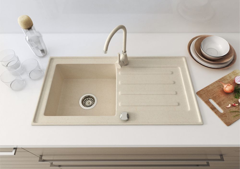 [Granitspüle 76x44 in verschiedenen Farben+ Armatur Steel] Hochwertig beidseitig Montierbar Küchenspüle Eckig Einbaugranitspüle Granit Spülbecken f. Unterschränke ab 45 cm inkl.Siphon Set, Farben:Beige Granit mit Armatur