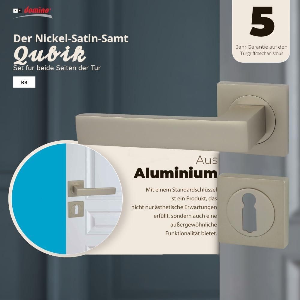 DOMINO Türgriff Drückergarnitur BB-Buntbart Set | mit quadratischen BB Rosetten | Türklinke für Zimmertür, Bürotür, Kellertür & Innentür | Türbeschläge aus Aluminium | Satin Nickel Velvet Türdrückergarnitur| QUBIK-QR M91
