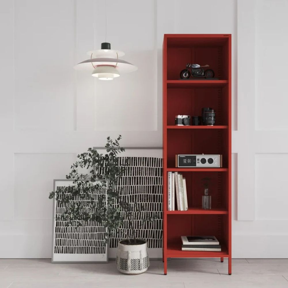 Jan Nowak Bücherregal Mario 4 höhenverstellbaren Einlegeböden (4x30 kg) und Wandmontage Metall Hochregal, 50 x 180 x 35 cm, Rot