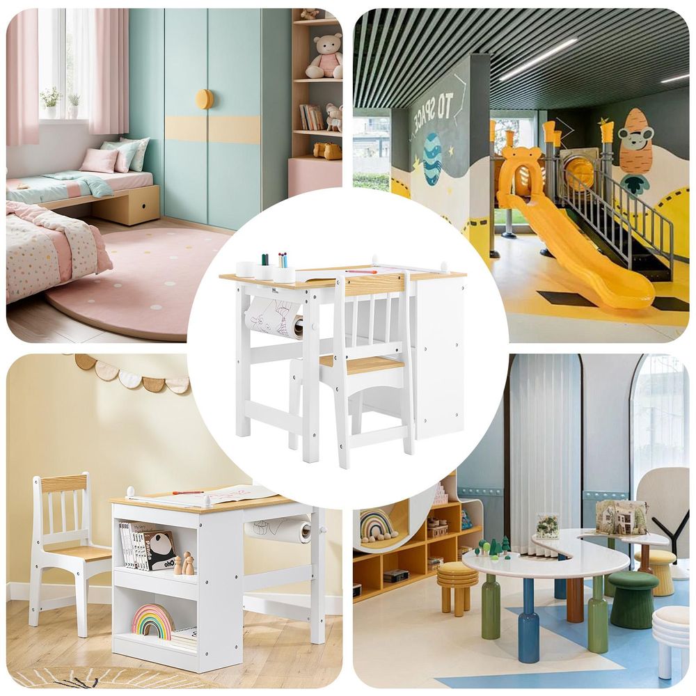 SoBuy Kindertisch mit 1 Stuhl Set Aufbewahrungsmöbel Weiß Skandinavisch KMB60-WN