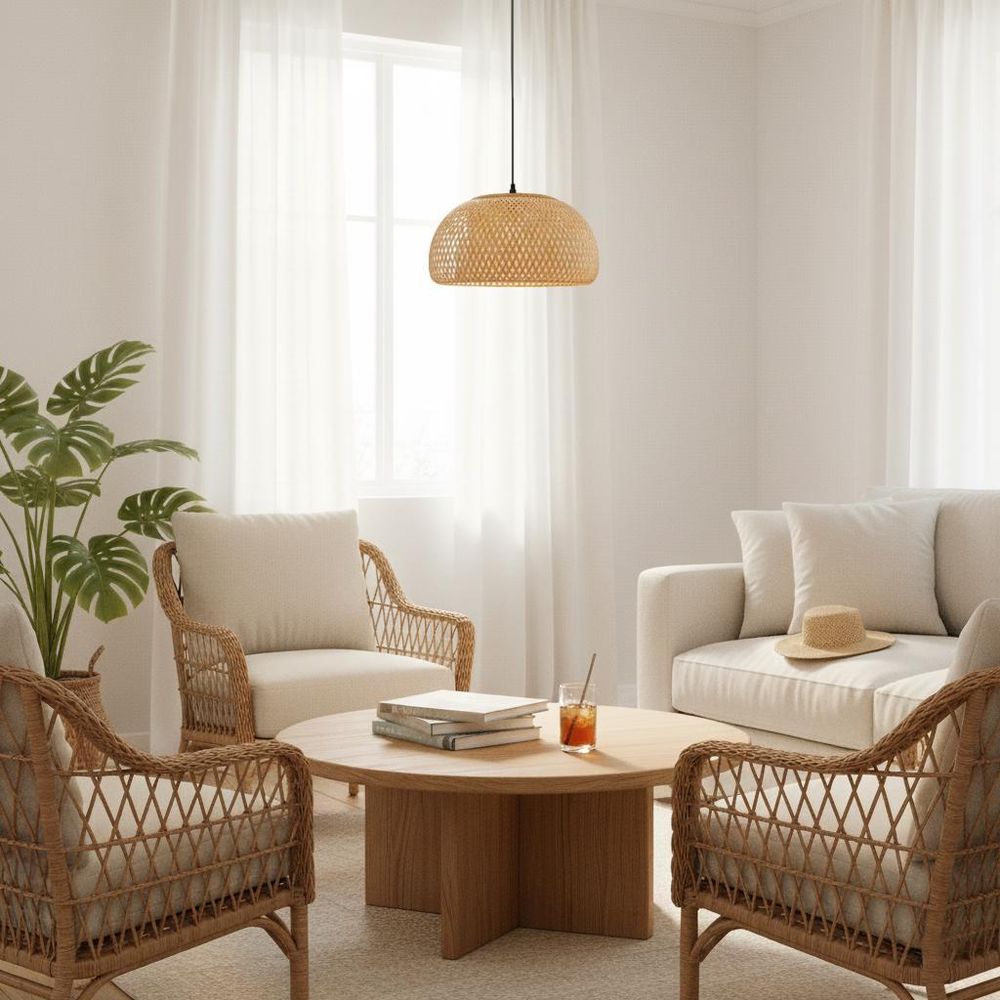 MasterLED Boho Hängeleuchte  – E27 Fassung – Ø38 cm – Geflochtener Bambusschirm – Schwarz – Wohnzimmer Esszimmer