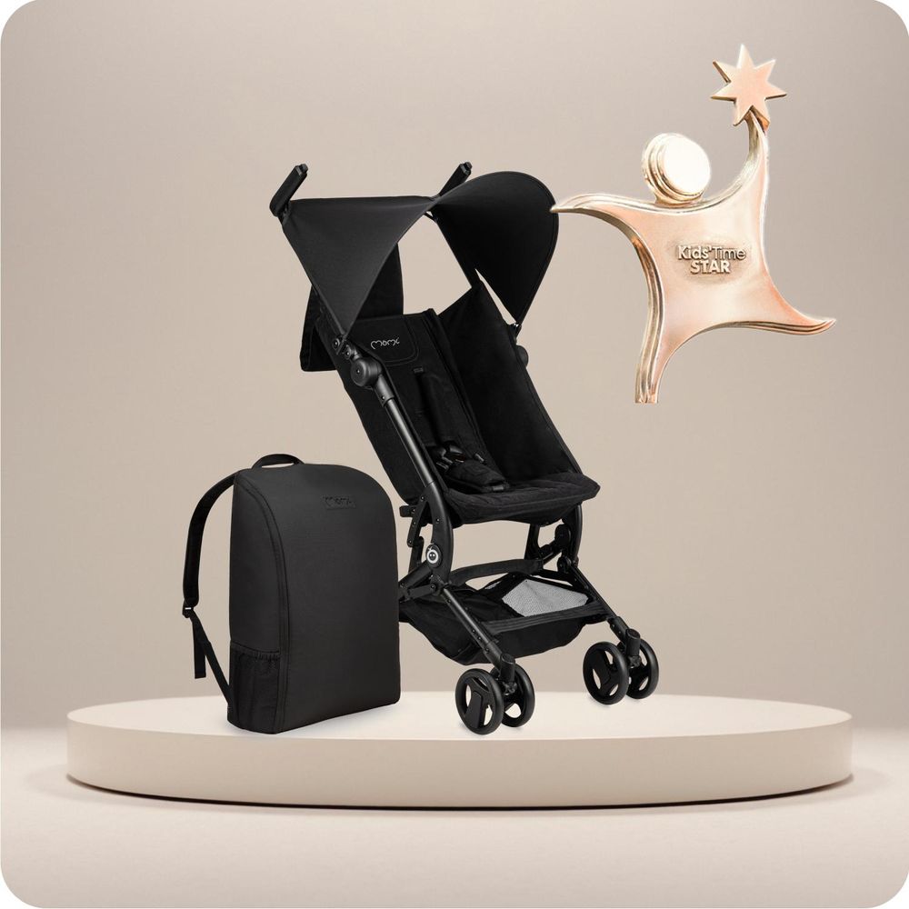 MoMi GRACE – Ultraleichter Baby Kompaktbuggy 6,2 kg mit Einhand-Faltung & Standfunktion, inkl. Rucksack, bis 15 kg – Schwarz