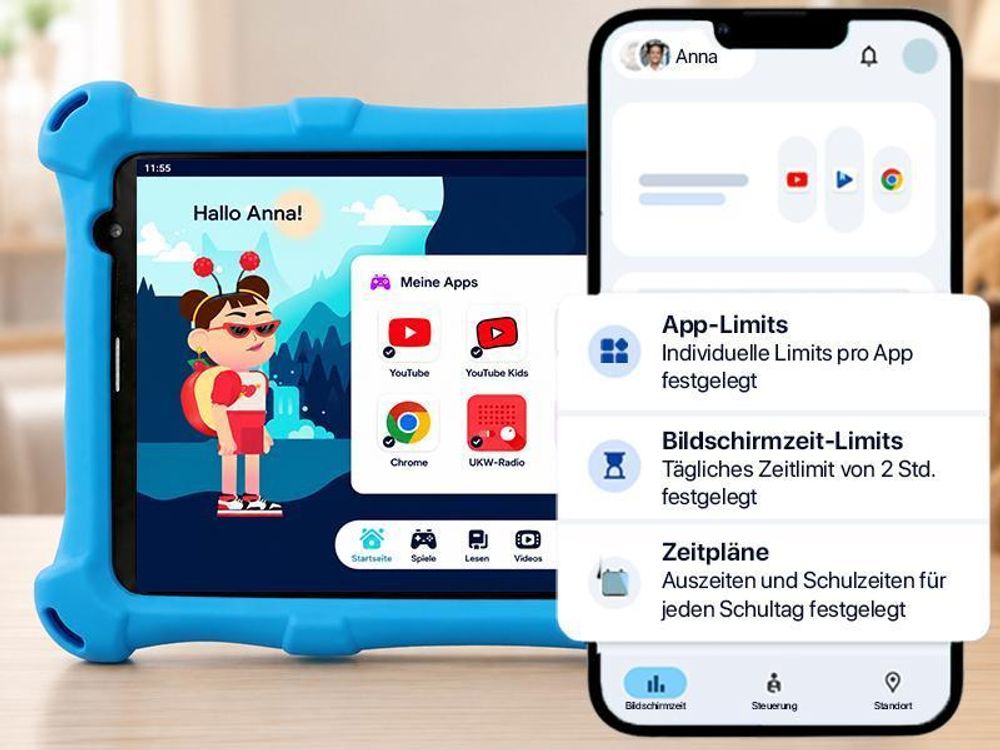 AngelTech Kindertablet PRO MAX - Android 15 - 4+3 GB RAM - 64+64 GB - Octa-Core-Prozessor - Schnelles 8 Zoll Kindertablet - Elterliche Kontrolle- Blau