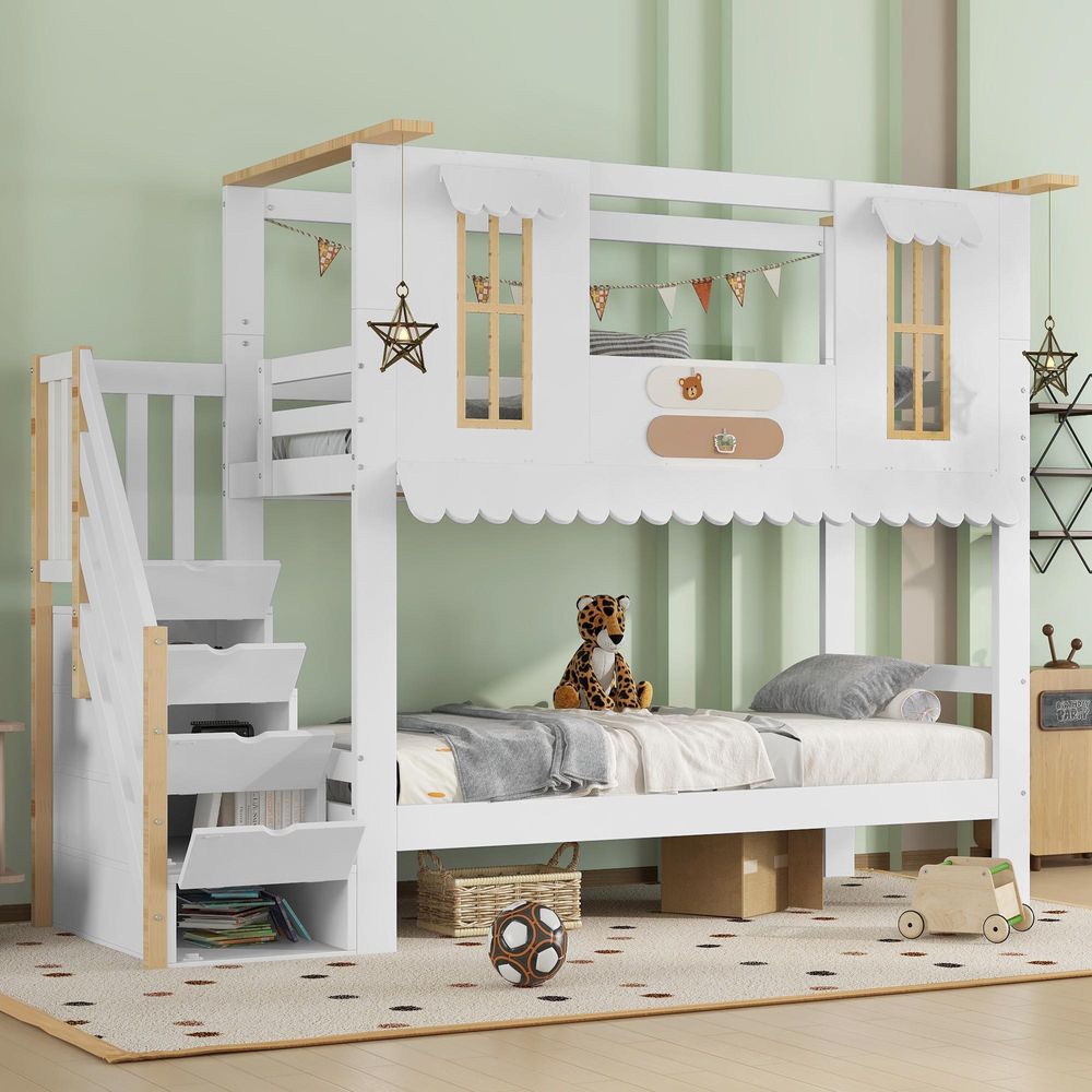 Merax Etagenbett 90x200 aus Holz mit Lattenrost, Kinderbett mit Aufbewahrungstreppe und Fenster, Jungenbett mit Filzdeko und Dachkante, Weiß+Natur