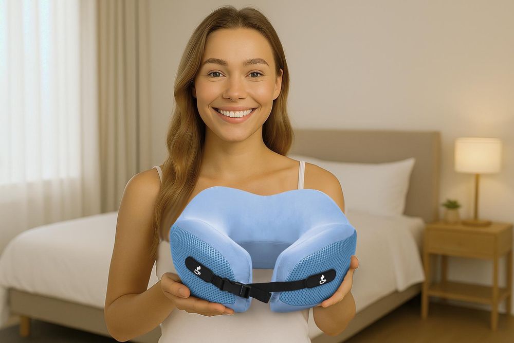 Nackenkissen aus weichem Memory Foam - Reise-Kissen für Flugzeug & Auto - Reisekissen mit praktischen Schnallenverschluss