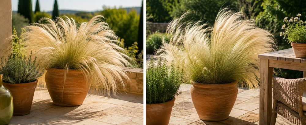 Terrakotta-Kübel mit wehendem Federgras auf sonniger Terrasse