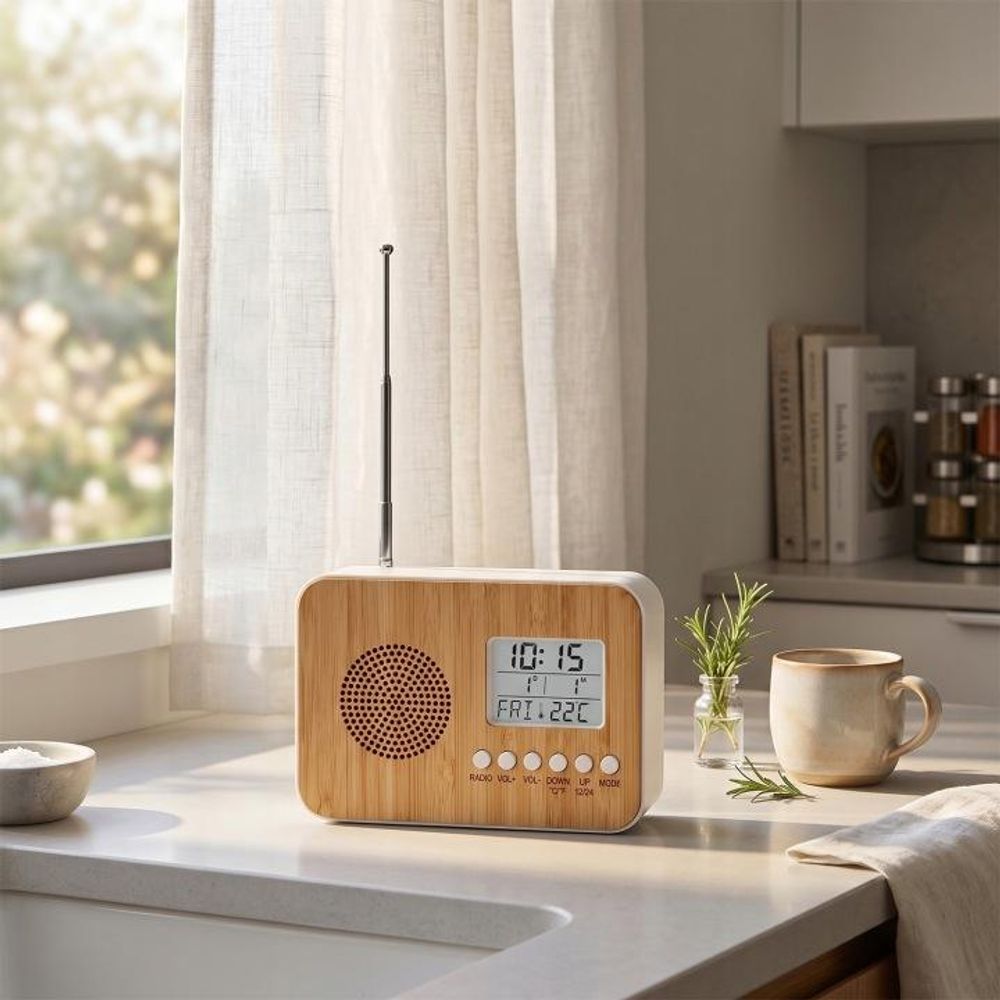 Setty Bambus Radiowecker (FM) – batteriebetrieben, mit Temperaturanzeige und Alarmfunktion (kompakt)