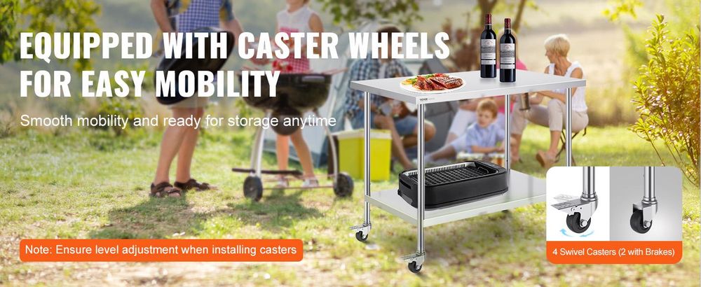 VEVOR Edelstahl Vorbereitungs Tisch, 24 x 24 x 34 Zoll, Schwerlast Metall Arbeitstisch mit 3 verstellbaren Höhenstufen, Gewerbliche Arbeitsstation für Küche Garage Restaurant Garten, 762x1219 mm