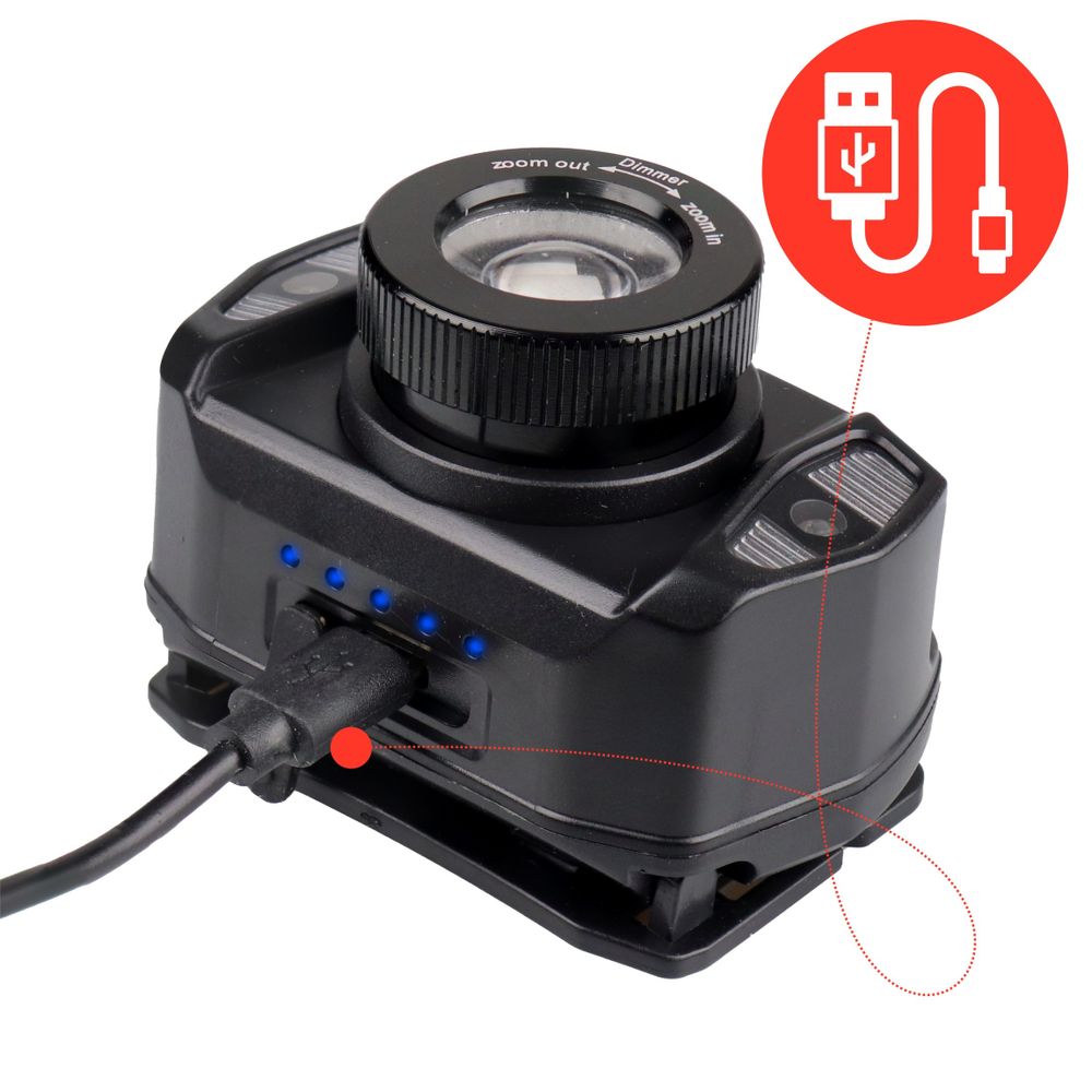 LED čelovka dobíjecí, 360 lm čelovka s ovládáním gesty a zoomem, červené světlo a vodotěsnost IPX4, 1800 mAh baterie, EVI TECH NightFlare