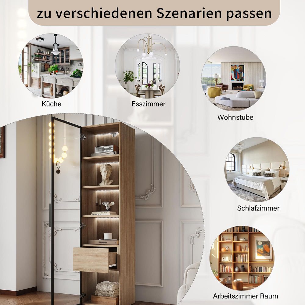 STILVORA Vitrine mit LED-Lichtleiste,Hochschrank mit 1 großen Schubladen und 1 Glastüren,Badezimmerschrank mit Ablagefächer,Natur