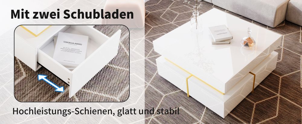 okwish Couchtisch quadratischer, Hochglanz Beistelltisch für Schlafzimmer, Wohnzimmertische mit Stauraum fürs Wohnzimmer, Beistelltisch mit Schubladen und goldenen Akzenten, Weiß