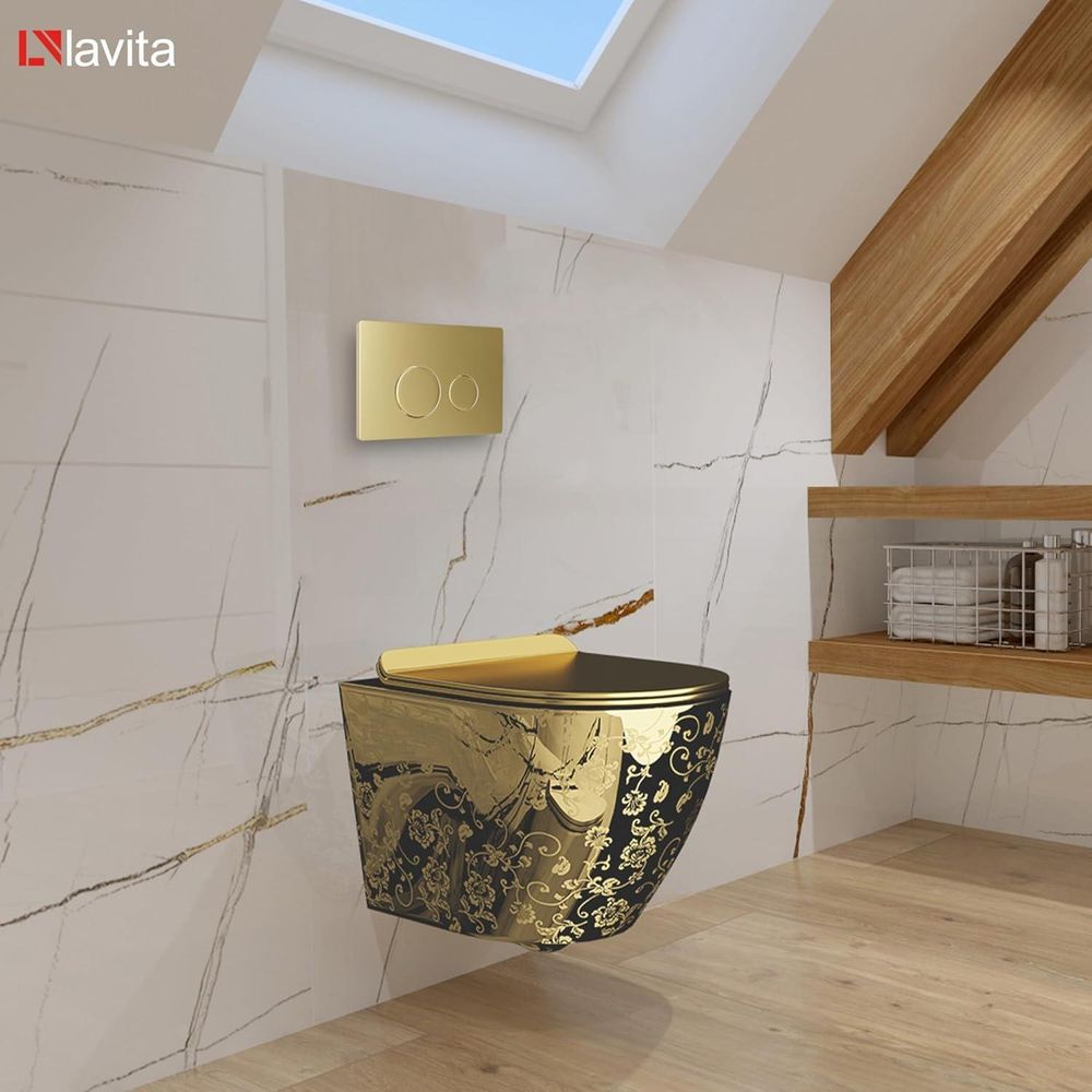 Lavita LAV 101 Vorwandelement für WC 40cm + Wand Hänge Tiefspül WC SOFI SLIM CHECKED GOLD Spülrandlos + Bedienplatte LAV 200.3.1 Weiß | Komplettset | Unterputz Spülkasten | Toilette Komplett Sett