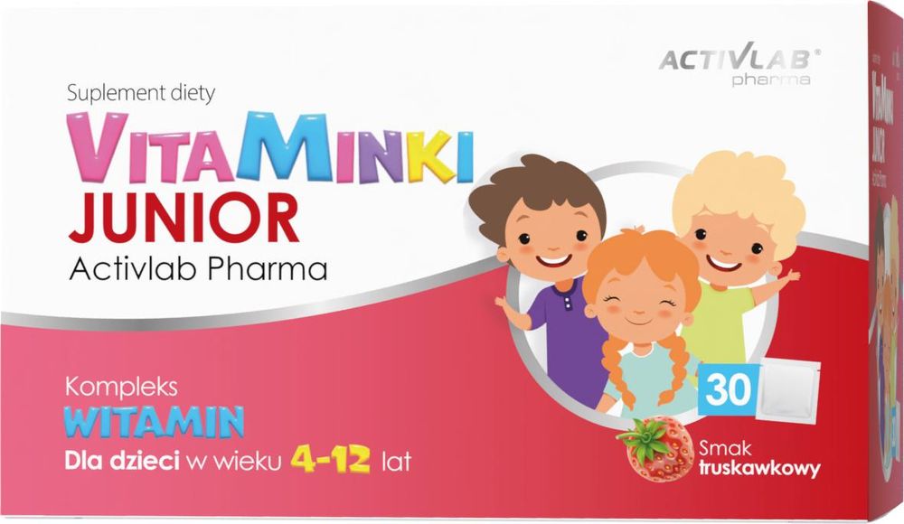 Activlab Pharma VitaMinki Junior – 30 Sobres, Sabor Fresa, Vitaminas para Niños de 4 a 12 Años en Sobres