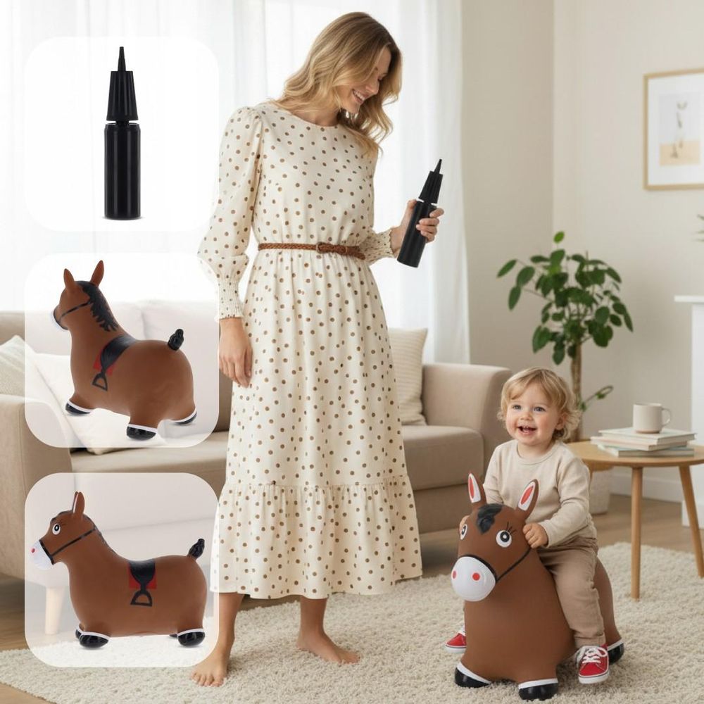 Ouder en kind samen met springdier en pomp, details van het product