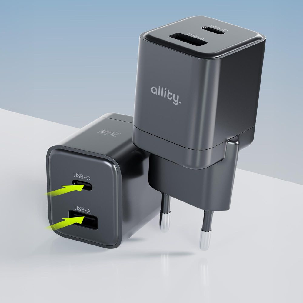 Allity GaN PD QC Netzladegerät ATC-01-20WAC 1x USB-C 1x USB-A 20W Handy Ladegeräte schwarz
