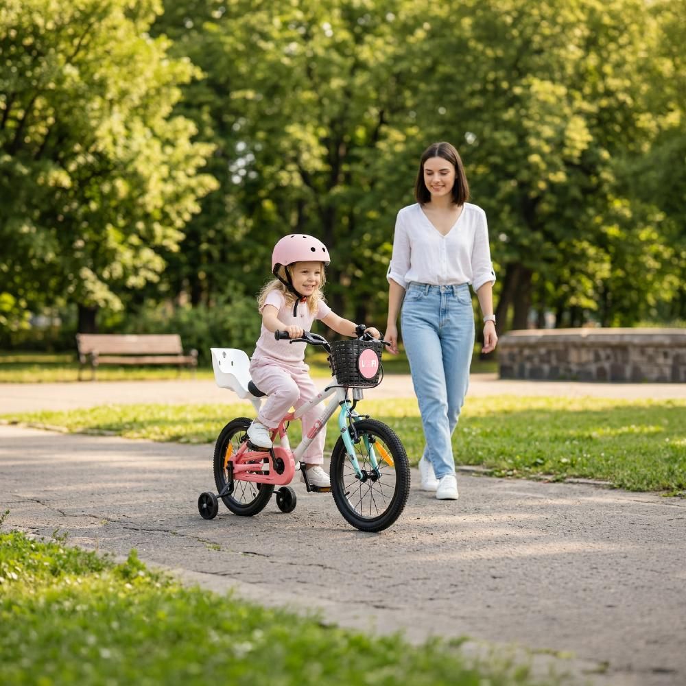 Niña montando la bicicleta en el parque junto a su madre