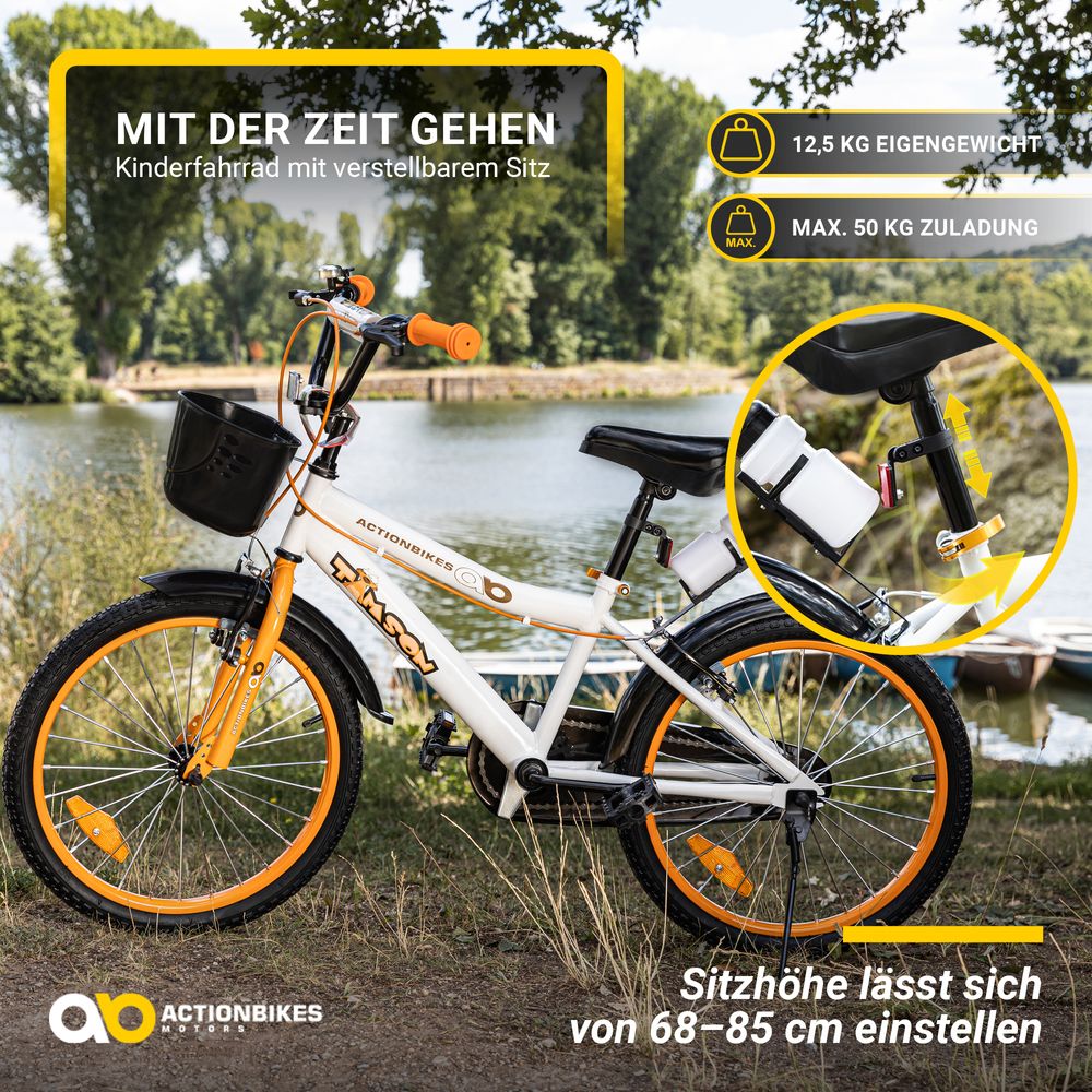 Actionbikes Kinderfahrrad Timson 16 Zoll | Kinder Fahrrad - V-Brake Bremsen - Kettenschutz - Fahrradständer - Fahrradkorb - 4-7 Jahre (Orange/Weiß)