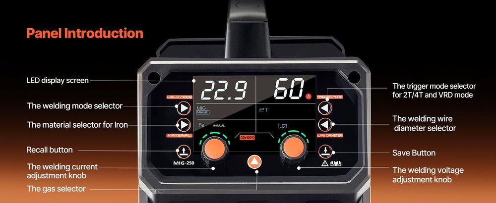 VEVOR MIG-Schweißgerät, 130Amp synergisches MIG-Schweißgerät, gasloser Fülldraht-Schweißmaschine, tragbares MIG-Schweißgerät mit IGBT-Invertertechnologie und digitalem Display, 5 in 1-a, 250A
