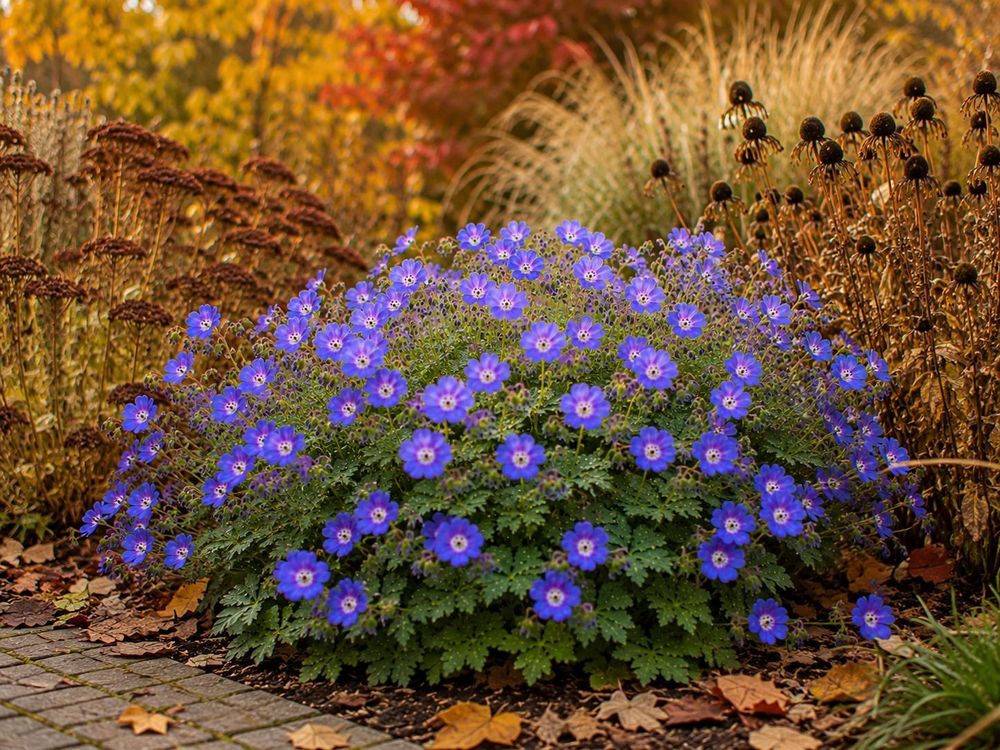 Herbstszene: blühende Rozanne® zwischen verblühten Nachbarstauden.