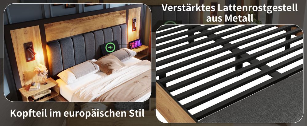 okwish Polsterbett 180×200 mit Leselampe und Nachttisch, Doppelbett mit USB und Sitzbank, Funktionsbett,Eiche,ohne Matratze