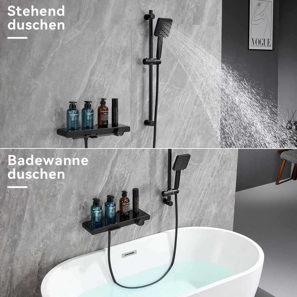 AURALUM Verchromte Wasserfall-Duscharmatur, Duschstange mit Duschkopf, Handbrausekopf mit 6 , Badewannen-Duschset., Badewannenarmatur mit Duschsystem