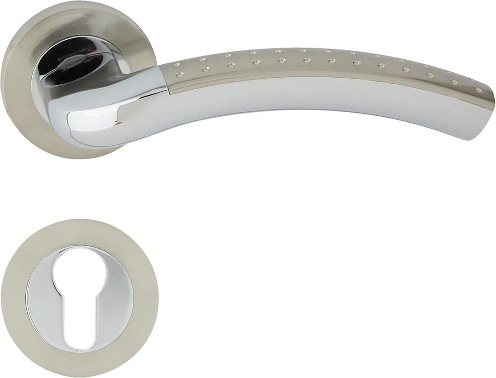 DOMINO Türgriff Drückergarnitur PZ - Profilzylinder Set | Rund-Rosette | Türklinke für Zimmertür, Bürotür, Kellertür & Innentür | Türbeschläge aus Aluminium | Chrom/Nickel Türdrückergarnitur | SHARON-R M6/M9