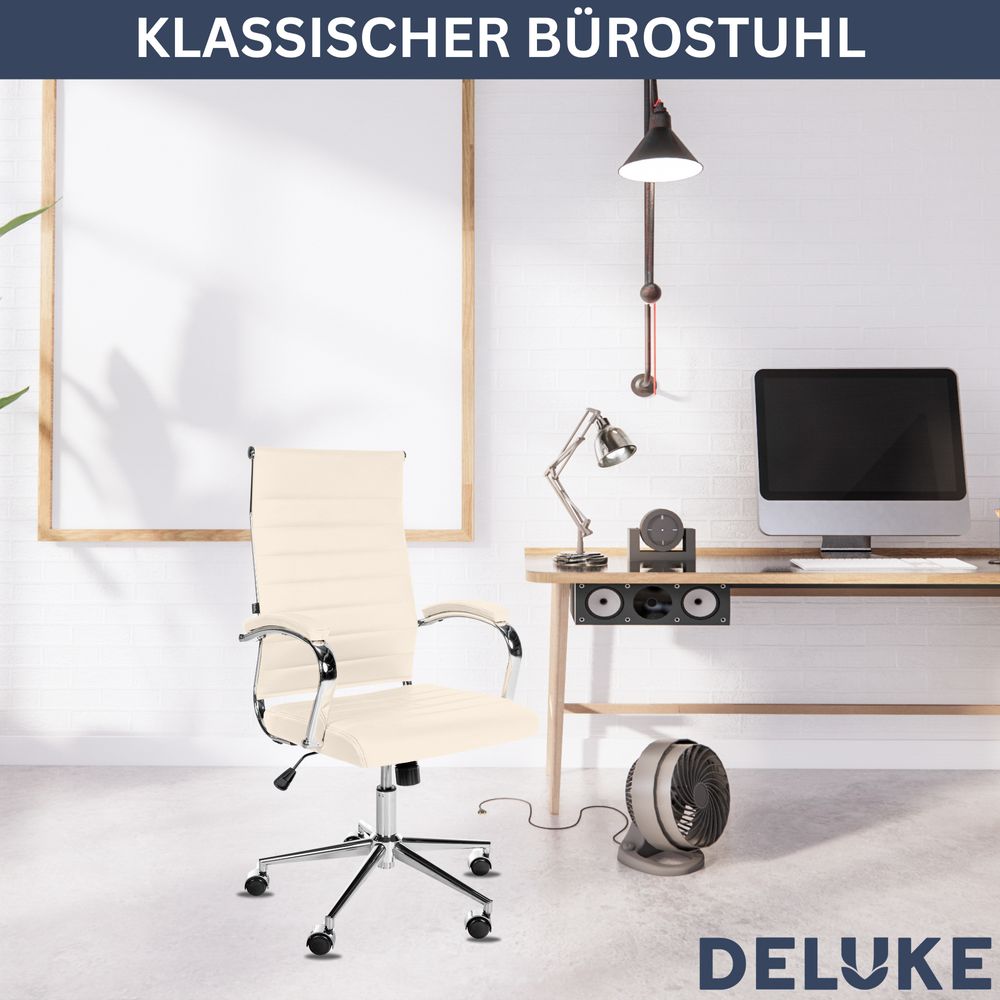 DELUKE® Bürostuhl Ergonomisch MEGAO Schreibtischstuhl Echtleder | Höhenverstellbarer Drehstuhl, Arbeitsstuhl mit Armlehne | Chefsessel, Computerstuhl 135 kg | Creme