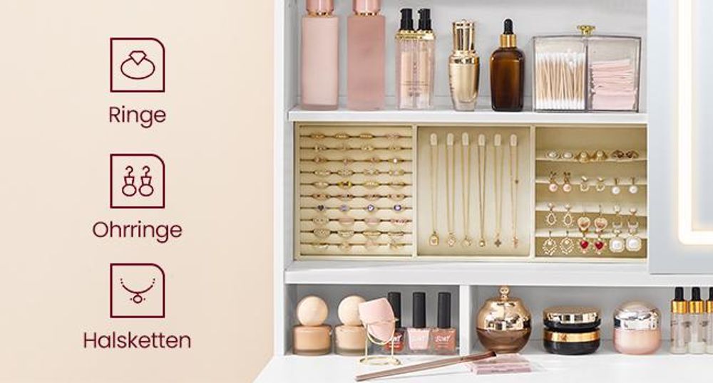 VASAGLE Schminktisch, mit Ladestation, 9 Schubladen, 10x Vergrößerungsspiegel, werkzeuglose Gleitschienen,