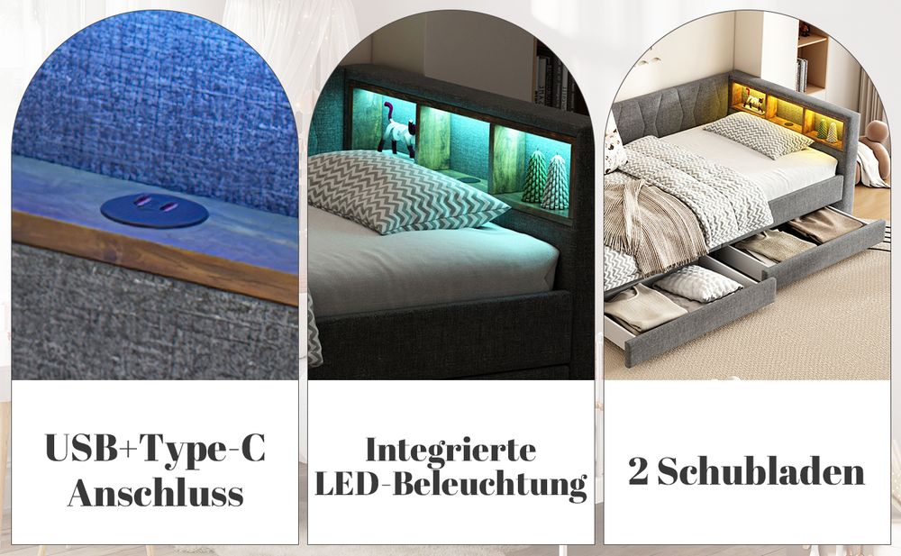 okwish Schlafsofa Tagesbett 90*200cm, Daybett- Ablagefach, USB+Typ C für LED-Umgebungslicht, Bett mit zwei Schubladen,(ohne Matratze), Grau