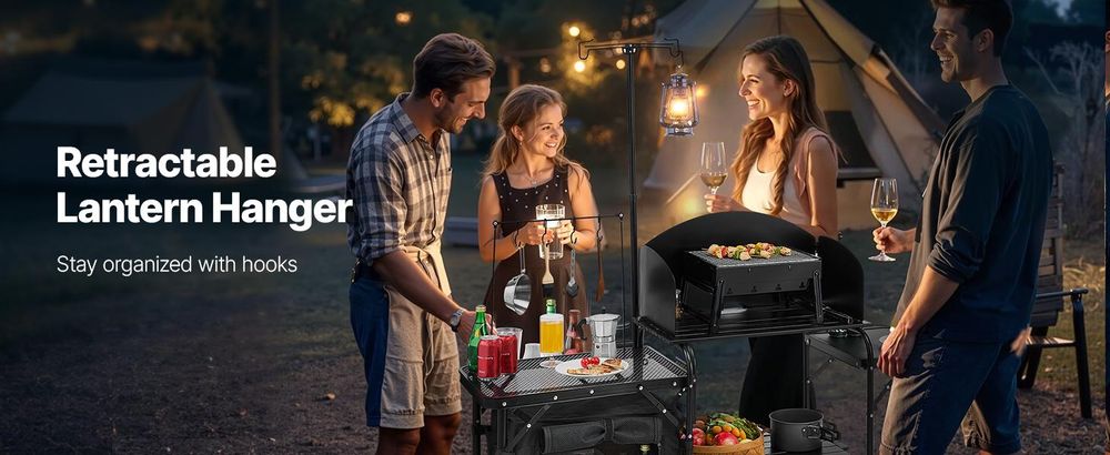 VEVOR Camping Küchentisch Outdoor Kochtisch, tragbare Kochstation aus Aluminium mit Lagerschrank & Tragetasche, & abnehmbarer Windschutzscheibe, für Grillpartys Picknicks Wohnmobilreisen, schwarz
