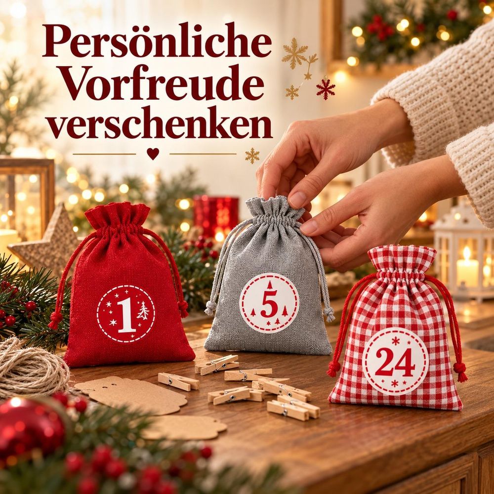 Erwachsene Person arrangiert rote, graue und karierte Adventskalendersäckchen