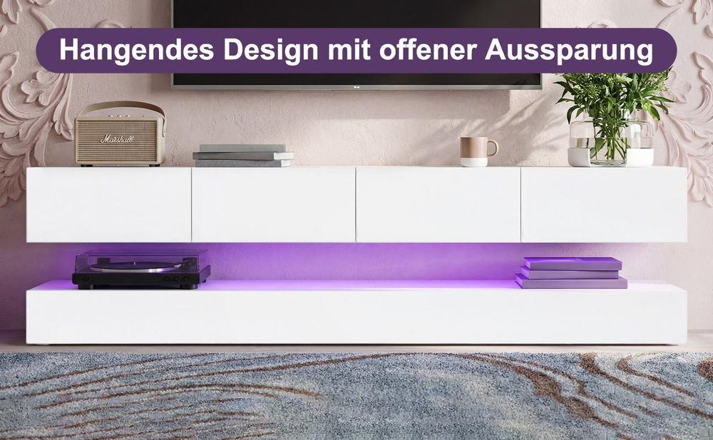 MODFU TV-Lowboard Weiß hochglanz TV-Schränke mit 16-farbiger LED-Beleuchtung,Fernsehtisch für Fernseher bis 55 Zoll, Fernsehbank,MDF,130×33×15 cm