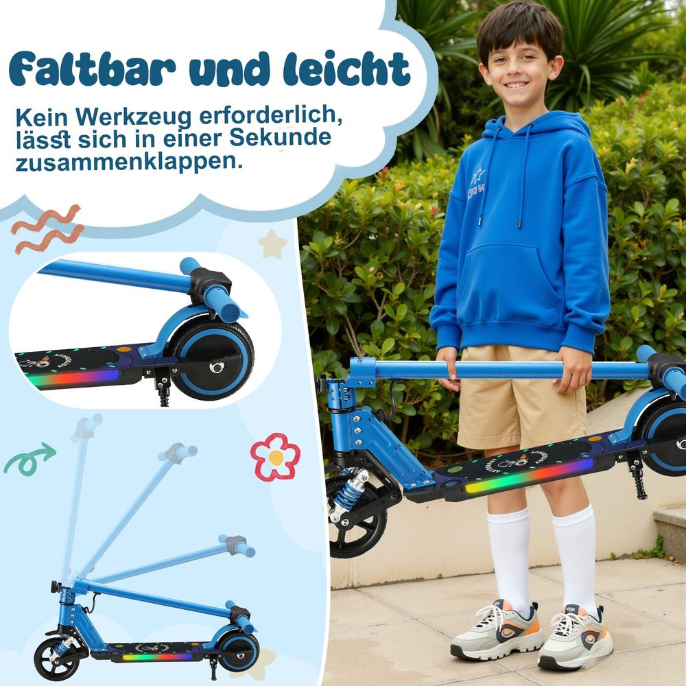 Elektroscooter Kinder Klappbar E-Scooter 14Km/h Mit LCD-Anzeige Stoßdämpfende Funktion LED-Beleuchtung Elektroroller Blau Kinderroller Für Kinder 6-12