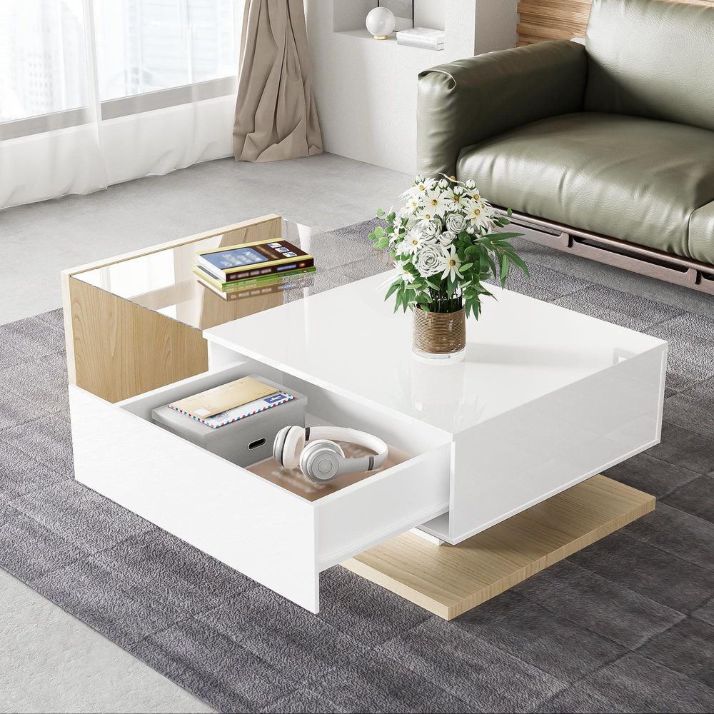 STILVORA Couchtische Hochglanz Satztisch mit LED-Licht, Kaffeetisch mit Schubladen & Glas, couch tisch, Holzfarbe
