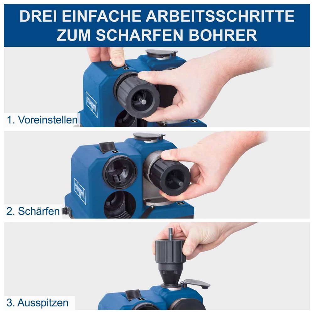 Das Bild zeigt die Schritt-für-Schritt Anleitung zum Schleifen von Bohrköpfen.