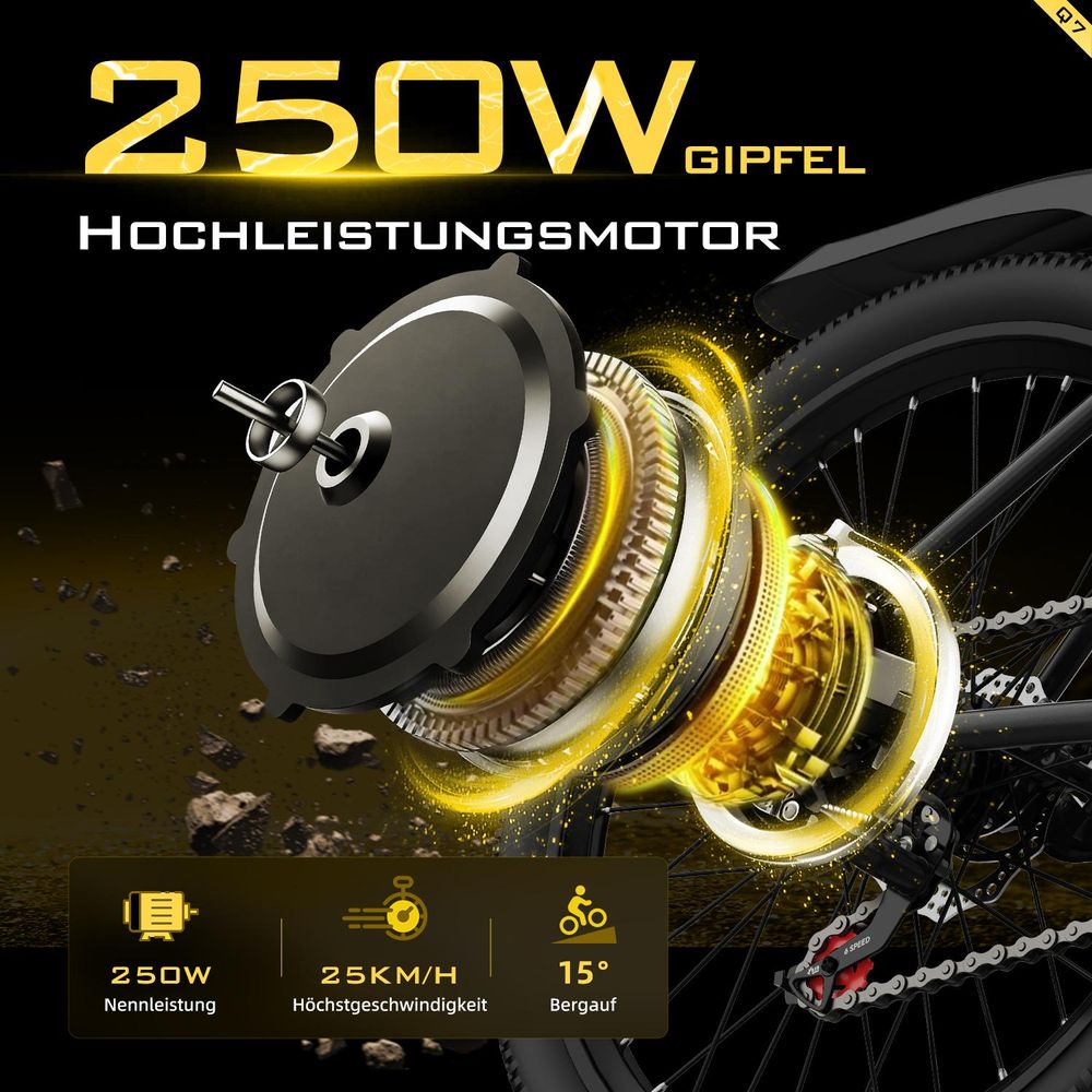 Q7 Elektro‑Mountainbike für Erwachsene, 250W, 25 km/h, Federgabel, Doppelscheibenbremsen, zwei Lademöglichkeiten, 36V All‑Terrain‑Breitreifen