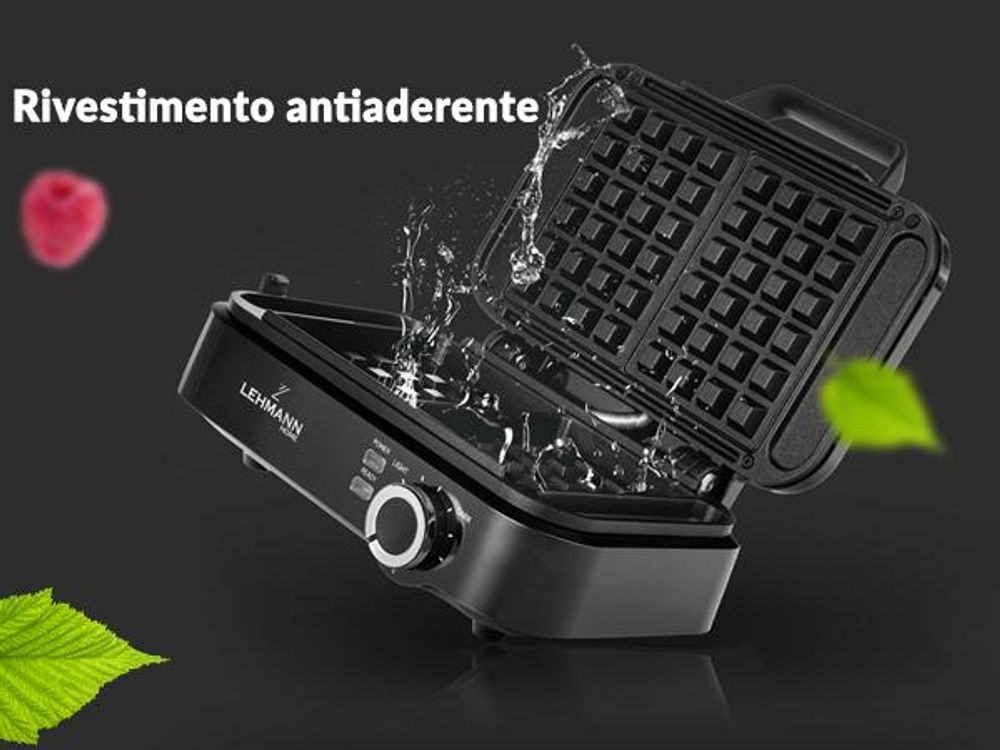LEHMANN Piastra per Waffle Doppia, Rivestimento Antiaderente, Pulizia Rapida e Facile, Waffle in 3 Minuti, 1200W