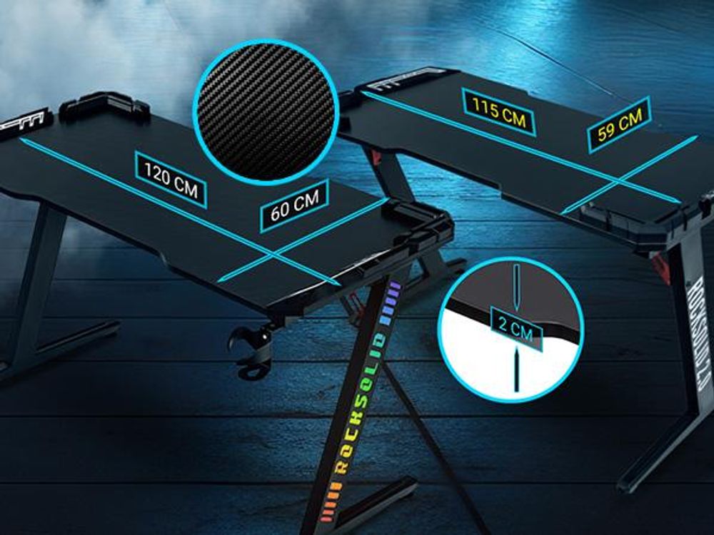 Elite Gaming Schreibtisch | Computertisch - Gamingtisch - Bürotisch - Tisch - RGB-Beleuchtung - Controller-, Headset- & Getränke Halterung 115 x 69 cm