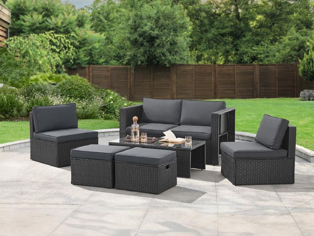 Juskys Polyrattan Gartenmöbel Set Salou inkl. Abdeckung - Lounge für 6 Personen, wetterfest - Schwarz