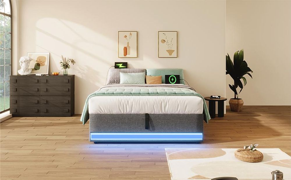 Merax Polsterbett 90x200 cm, mit LED-Fernbedienung, USB & Type-C, hydraulischem Stauraum, ohne Kopfteil, Aufbewahrungstaschen, Leinen, Grau