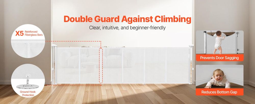 VEVOR Ausziehbares Babygitter, 870 mm hoch, bis zu 1800 mm breit ausziehbar, ausziehbares Gitter für Kinder oder Haustiere, Netzmaterial, einfach zu installieren für Innen Treppen, Türöffnungen, Flure, Spielzimmer, Schwarz, Weiß-c, 2800x870 mm-a
