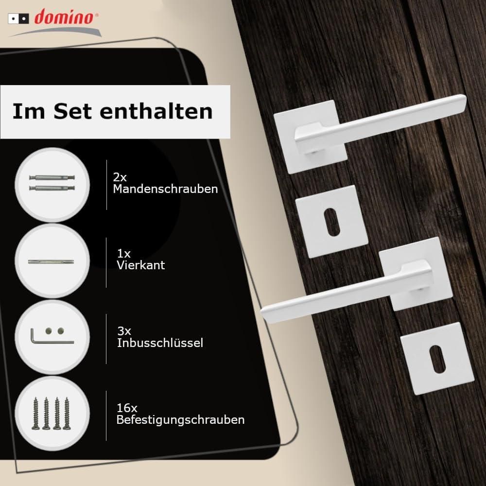 DOMINO Türgriff Drückergarnitur BB-Buntbart Set | quadratische Rosette | Türklinke für Zimmertür, Bürotür, Kellertür & Innentür | Türbeschläge aus Aluminium  |Weiss Türdrückergarnitur |ELENA QR SLIM WHITE