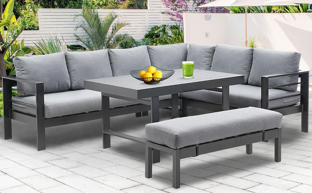 MEXO Gartenmöbel Set Aluminium 8 Personen, Modulares Gartenlounge-Set Gartensofas Ecklounge mit groß Tisch & Gartenbank, Wetterfest Outdoor-Loungesofa