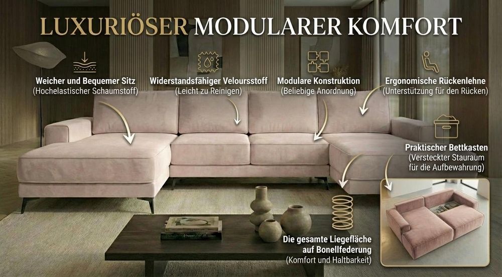 Ecksofa VALTOR 320x185 cm mit Schlaffunktion, Bonellfederkern und Bettkasten, Farbe: Dunkelbraun