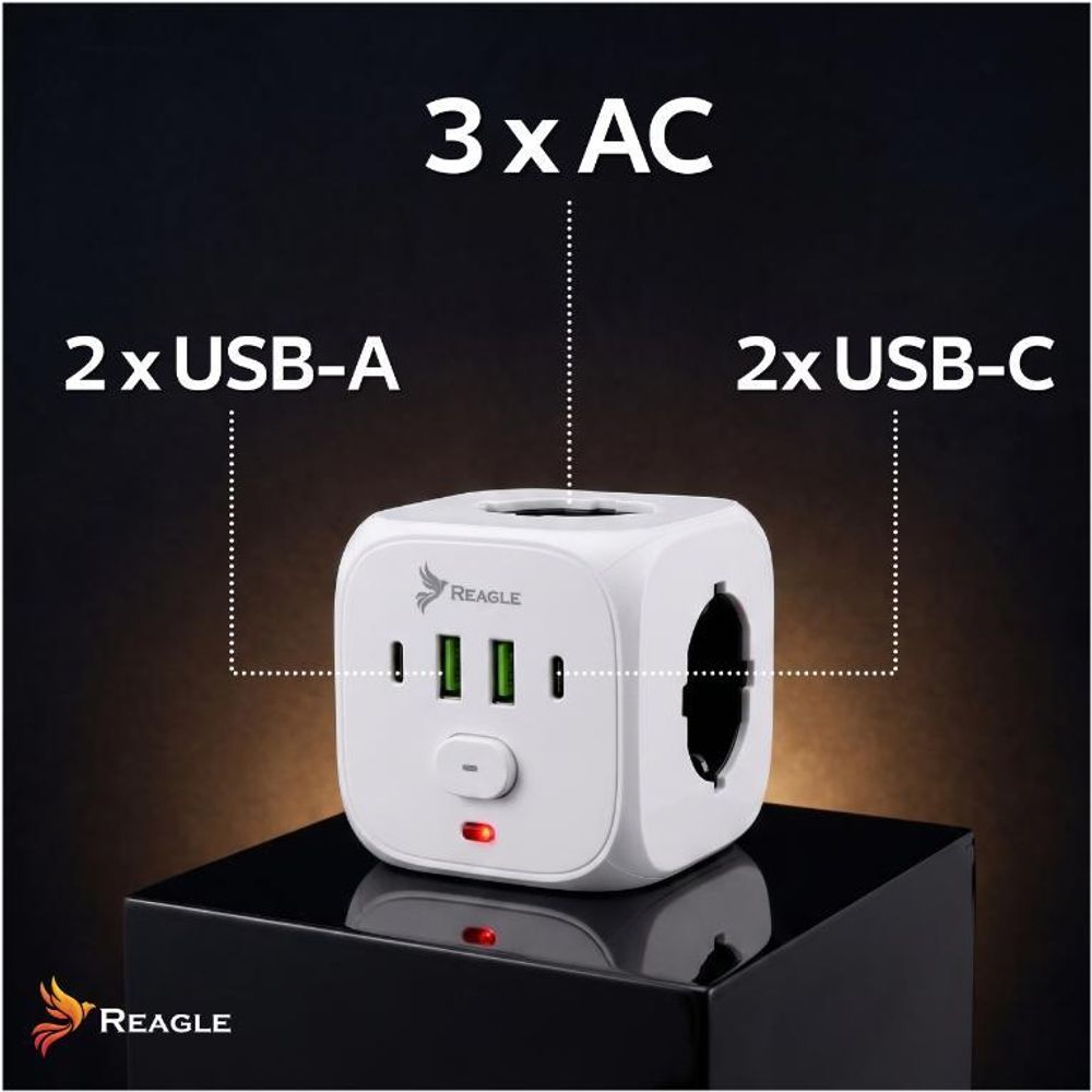 Reagle Cube Steckdosenleiste Würfel 3-fach & 4 USB (2x USB-A, 2x USB-C), Mehrfachsteckdose 7-in-1 mit Schalter, Überlastschutz 2500W