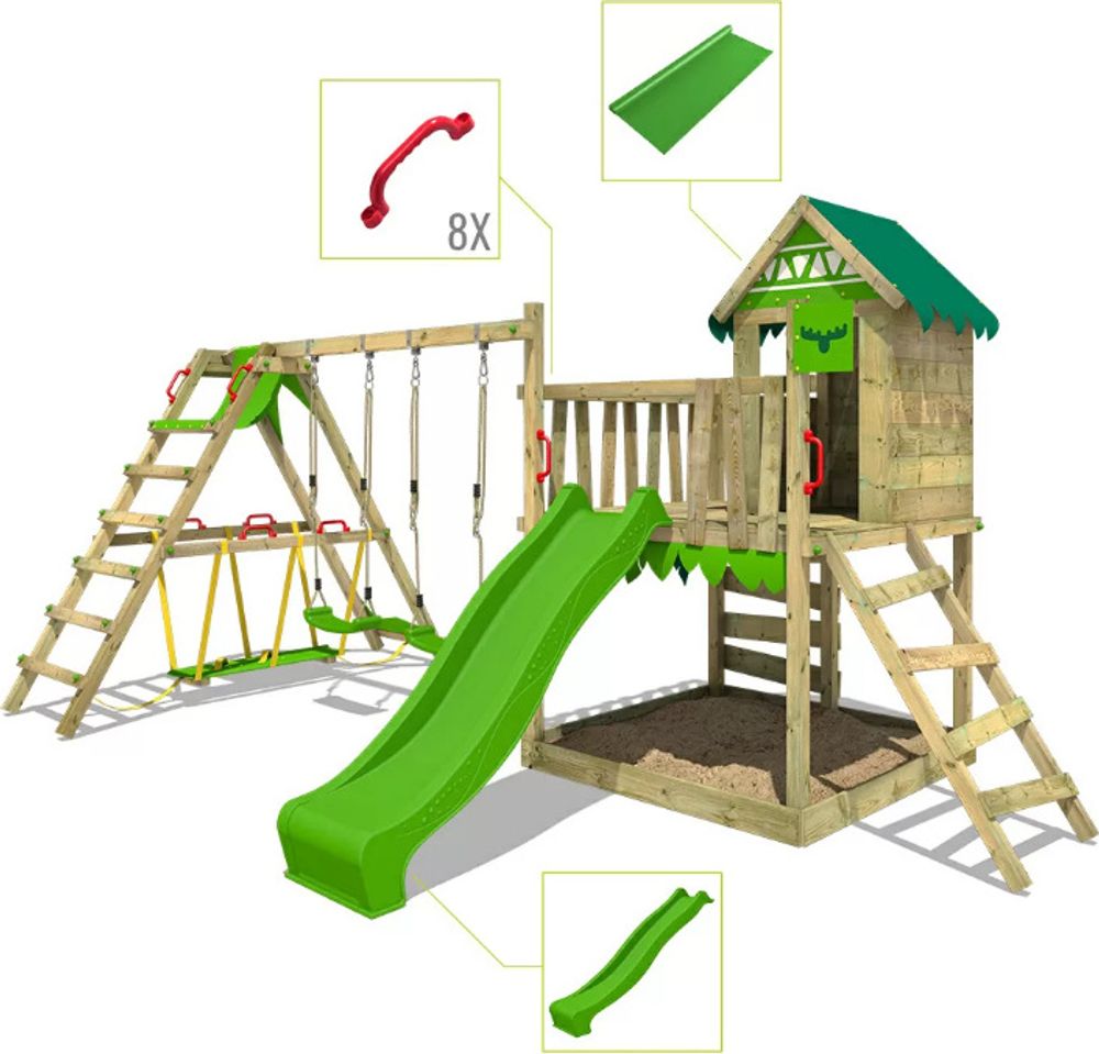 Spielturm Fatmoose JazzyJungle Jam XXL mit Surfanbau und Rutsche in Hellgrün