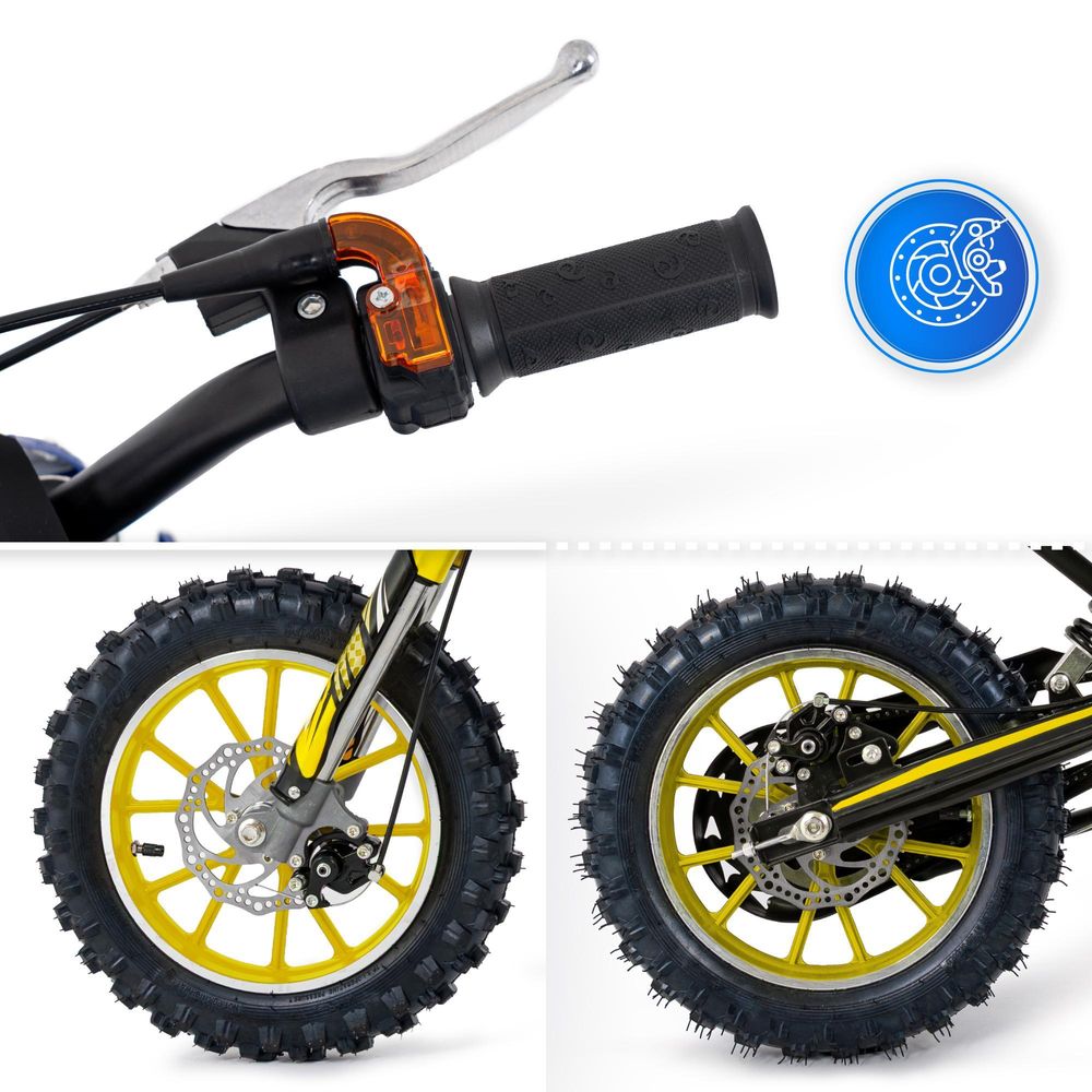 VOLTOURI CR49-YELLOW Mini Cross 49cc Benzin Motorrad für Kinder Offroad 35 km/h 10" Räder Scheibenbremsen Gelb