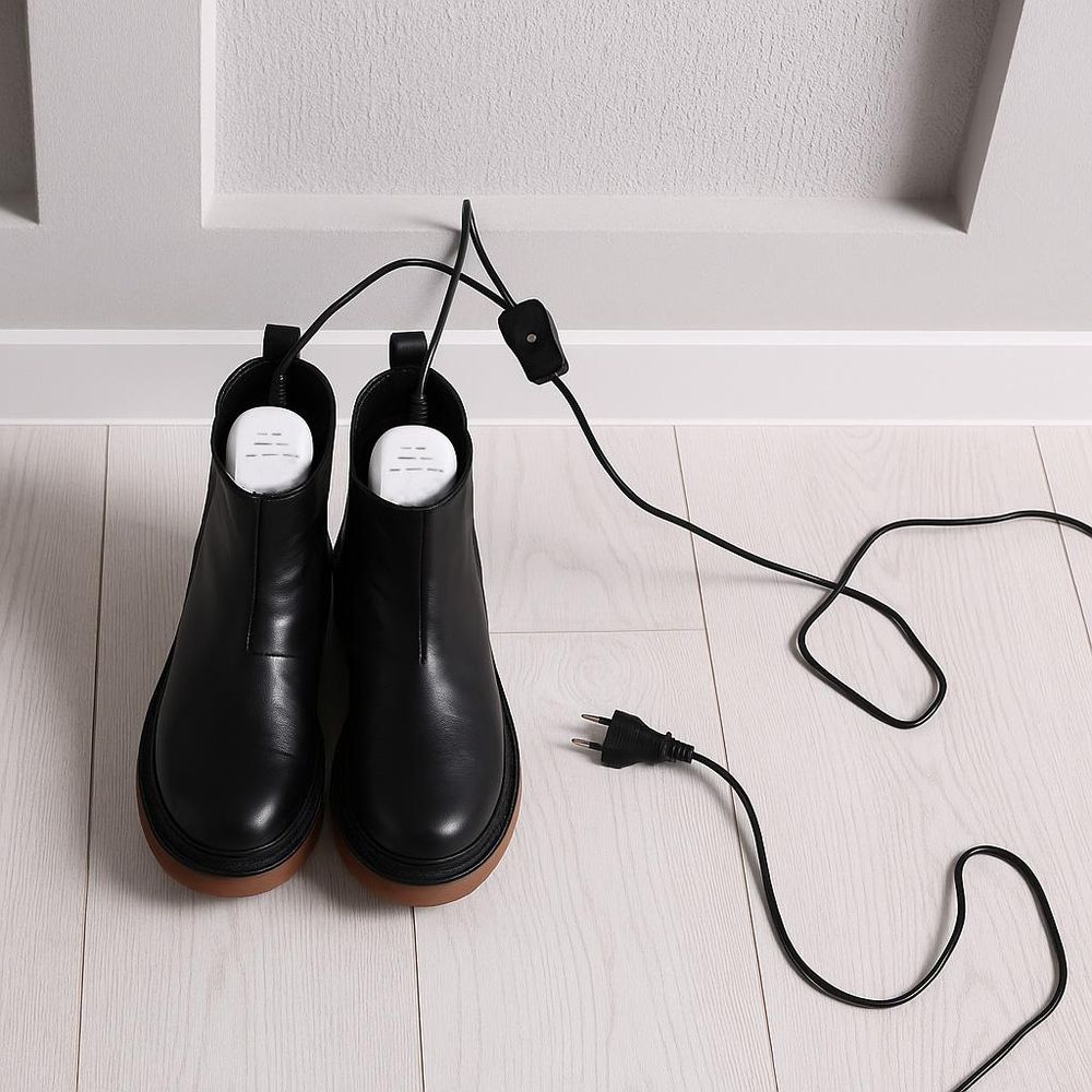 Schwarze Stiefel mit eingelegtem Schuhtrockner auf hellem Holzboden